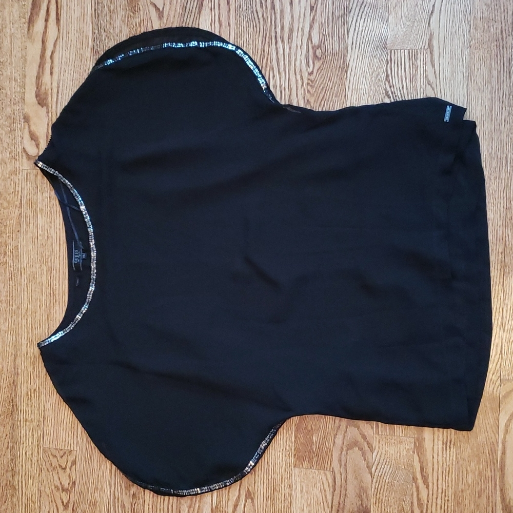 (XS) Guess Los Angeles Loose Sequin Trim Short Sleeve Top Sheer Overlay Evening